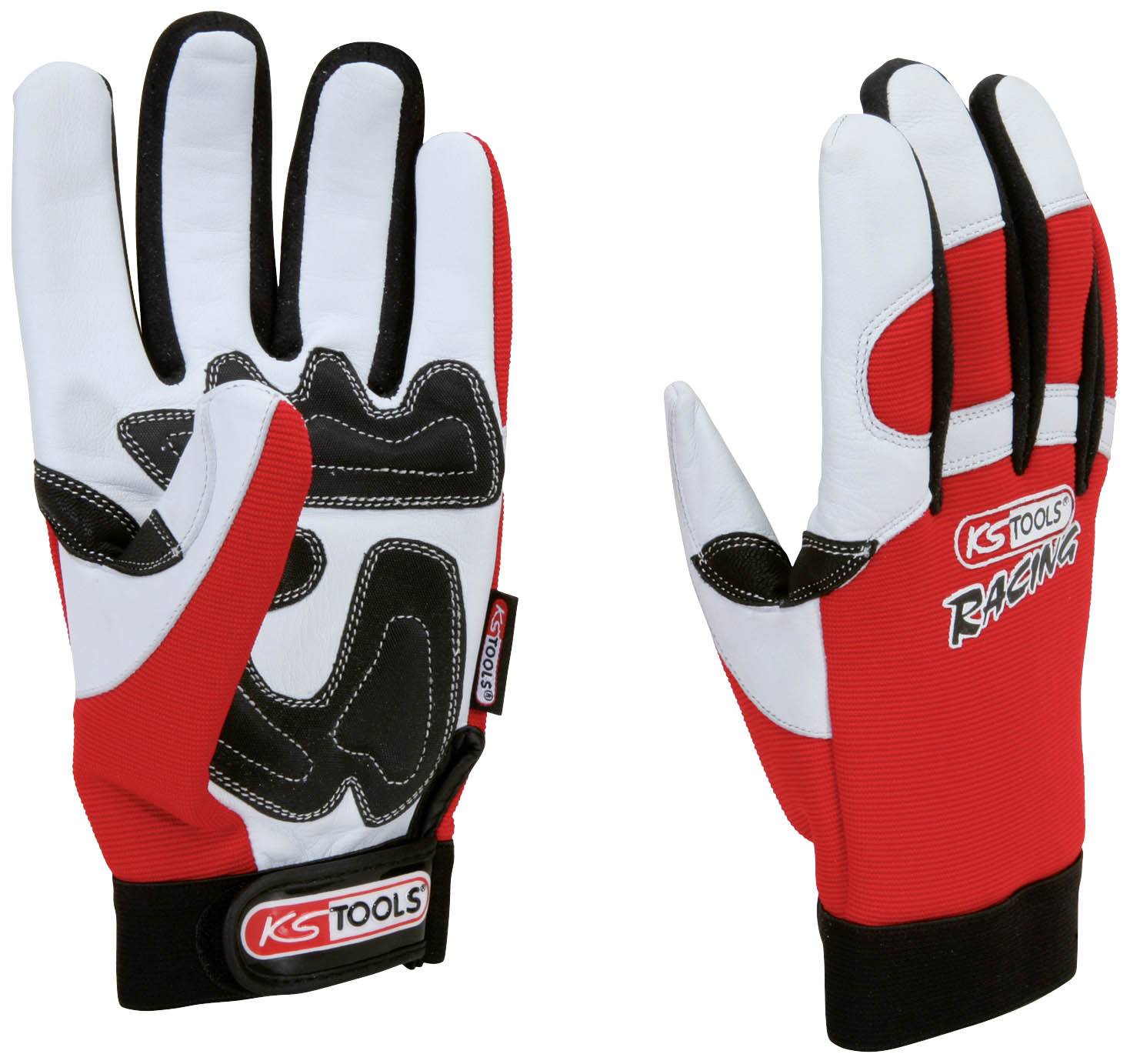 Zwei rote und weiße Handschuhe mit schwarzem Polster, beschriftet mit 'KS Tools Racing', auf einem weißen Hintergrund.