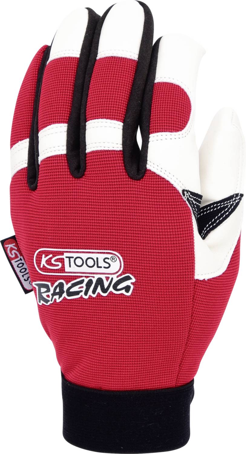 Roter Arbeitshandschuh mit Klettverschluss, gekennzeichnet mit 'KS TOOLS Racing' Logo. Geeignet für mechanische Arbeiten.