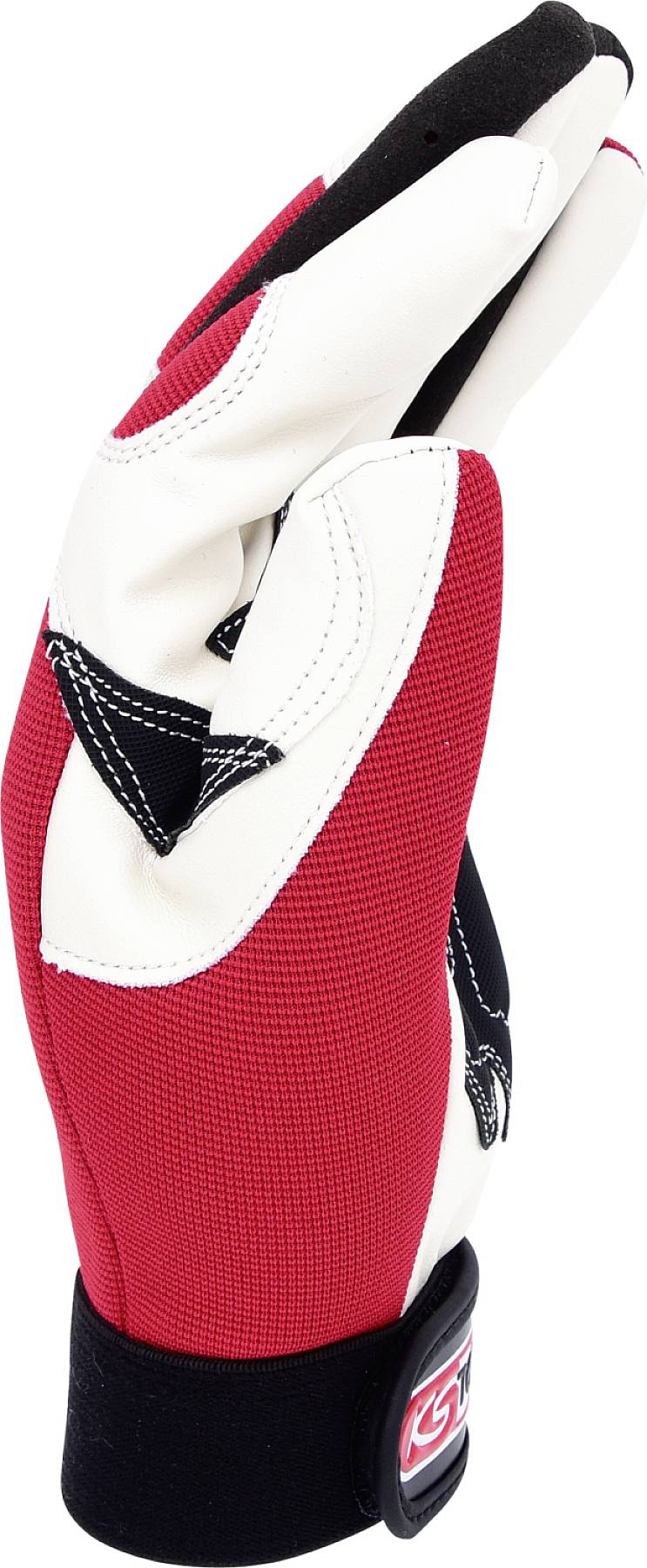 Roter und weißer Handschuh mit schwarzen Elementen, stehend auf der Seite mit Klettverschluss am Handgelenk.