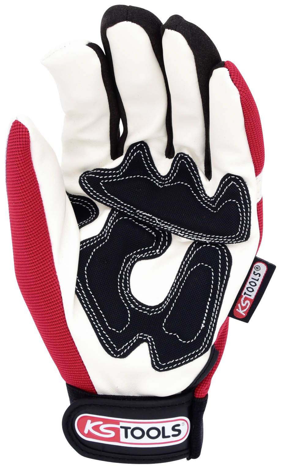 Schutzhandschuh mit weißem und schwarzem Muster, roten Seiten und gesticktem KS Tools-Logo auf der Rückseite der Hand.