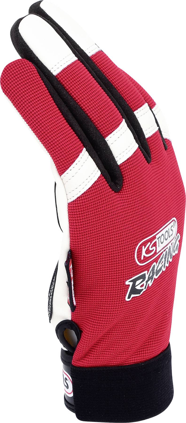 Ein roter Handschuh mit der Aufschrift 'KS Tools Racing', geeignet für Rennsport oder mechanische Arbeiten, seitliche Ansicht.