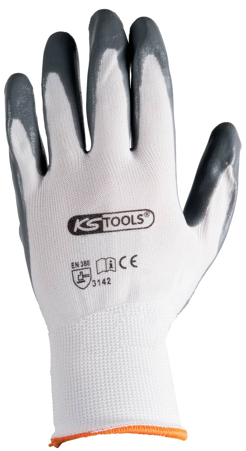 Arbeitshandschuh in Weiß mit grauen Fingerspitzen und Handfläche, Aufdruck zeigt 'KS Tools' und Sicherheitszertifizierungen.