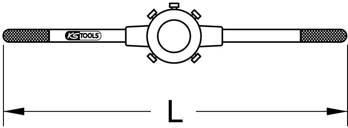 Diagramm einer runden Gewindeschneidkluppe mit Griffen und der Marke 'KS Tools' oben. Länge 'L' wird dargestellt durch einen Doppelpfeil.