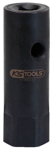 'Schwarze Stecknuss mit seitlicher Öffnung, auf der 'KS Tools Germany' steht. Zylinderförmig, robust, geeignet für Werkzeuge.'