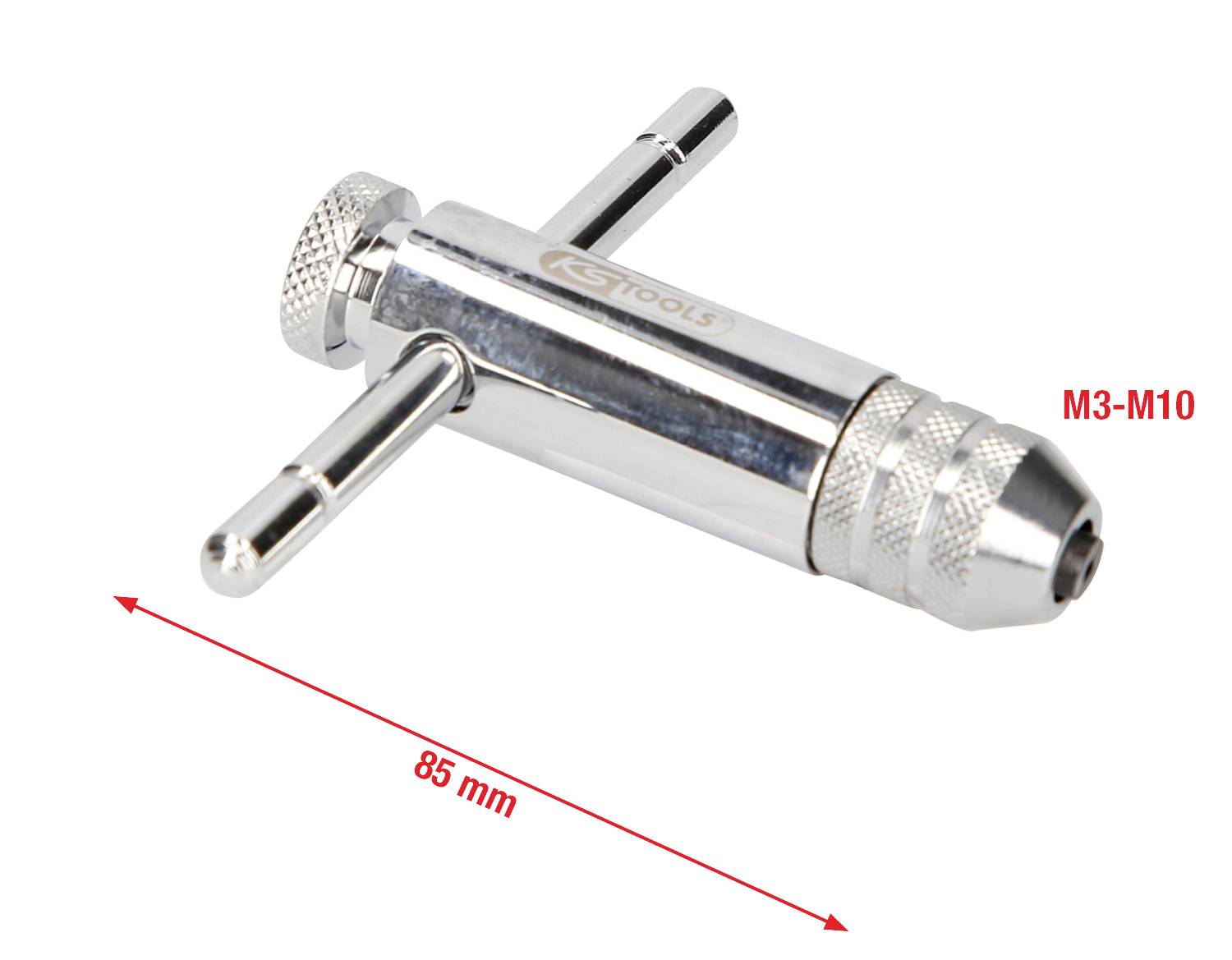 Gewindeschneider-Werkzeug mit 85 mm Länge, geeignet für M3-M10 Gewindegrößen, zeigt einstellbare Griffe für bessere Handhabung.