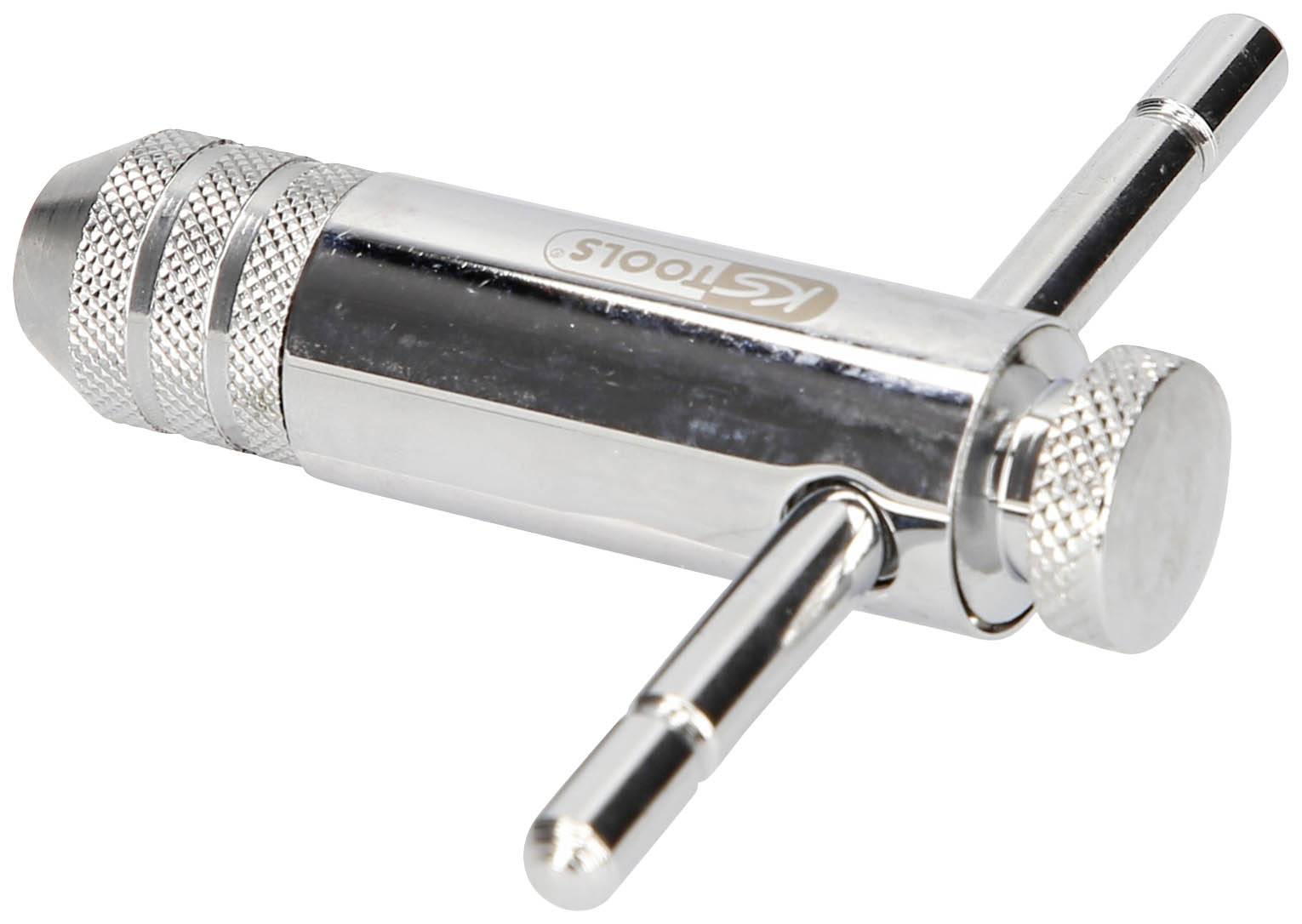 Ein silbernes Werkzeug mit zwei Griffen, verwendet zum Spannen oder Drehen, mit einem Logo-Aufdruck auf der Seite.