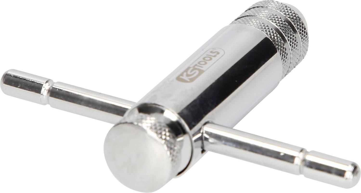 Ein silberfarbener Knarrenknebel mit T-Griff, verwendet zum Spannen, auf einem weißen Hintergrund dargestellt.