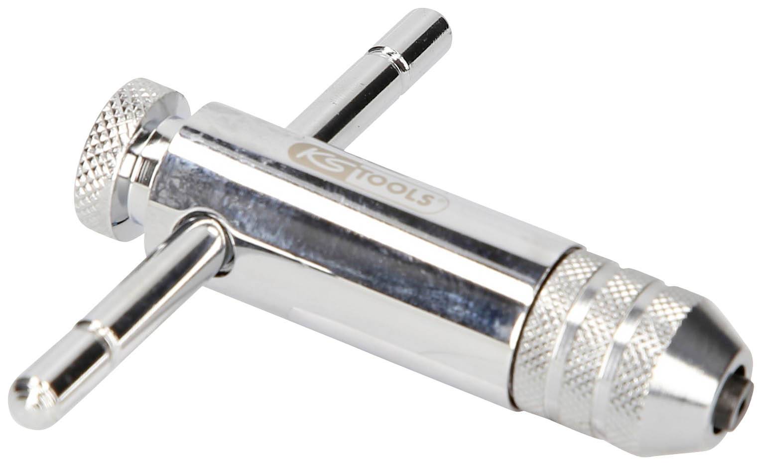 Ein silberner Windeisenhalter von KS Tools mit gerändeltem Griff und verstellbarer Spannvorrichtung, auf weißem Hintergrund.