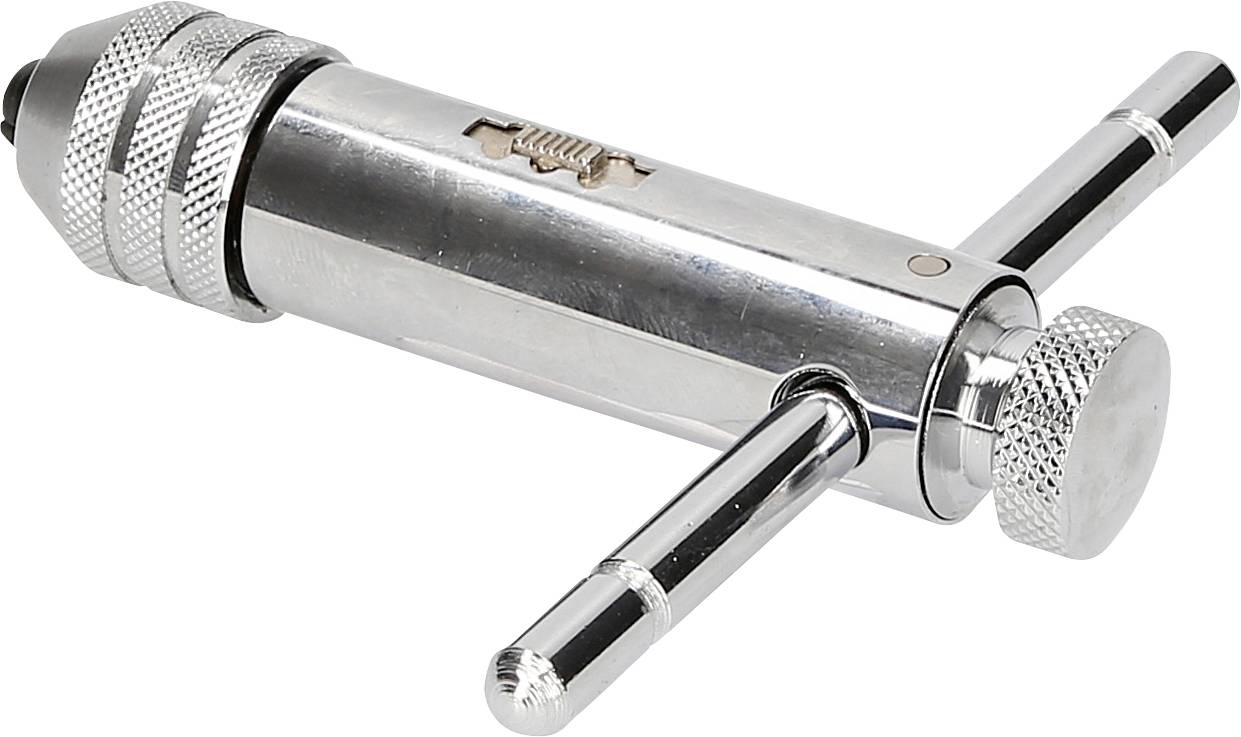 Silbernes T-Bar-Handradwerkzeug mit gerändelten Griffen und mechanischem Teil in der Mitte, auf weißem Hintergrund.