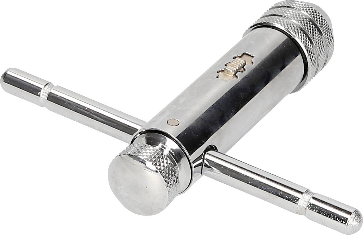 Ein silberner Bohrfutter-Schlüssel mit T-Griff, der für das Spannen von Bohrfuttern an Werkzeugmaschinen verwendet wird.