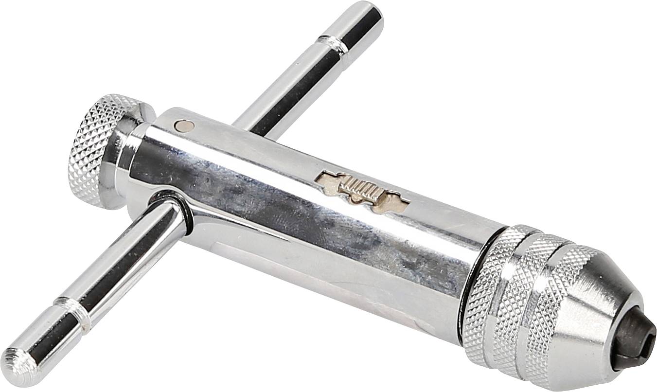 Ein silberner, metallischer Handbohrerschaft mit T-förmigem Griff. Wird zum manuellen Verbinden von Bohrern oder Gewindeschneidern verwendet.
