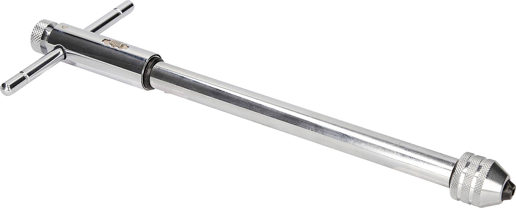 Ein verchromter Reifendruckprüfer mit einem langen zylindrischen Griff und einem Messkopf an der Spitze, genutzt zur Messung von Reifendruck.