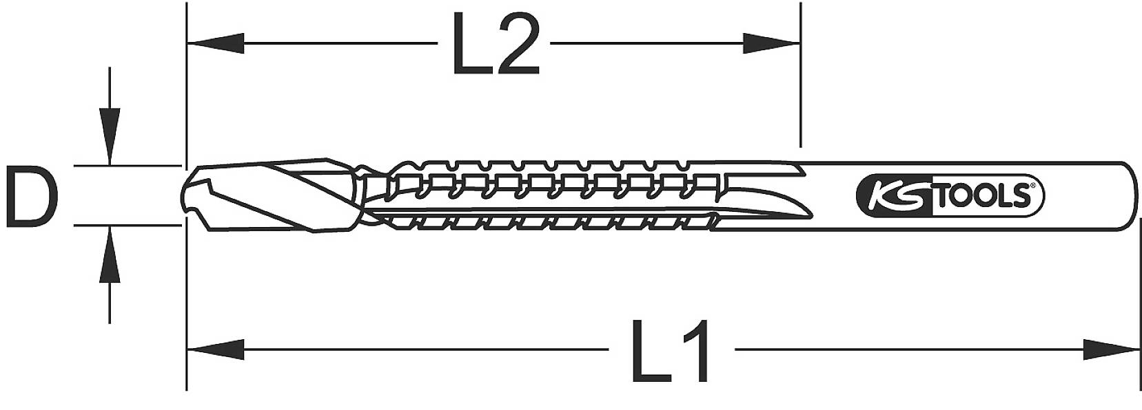 Bohrer mit den Markierungen: L1, L2 und D zur Angabe von Länge und Durchmesser. Rechts neben dem Bohrer steht 'KS Tools'.
