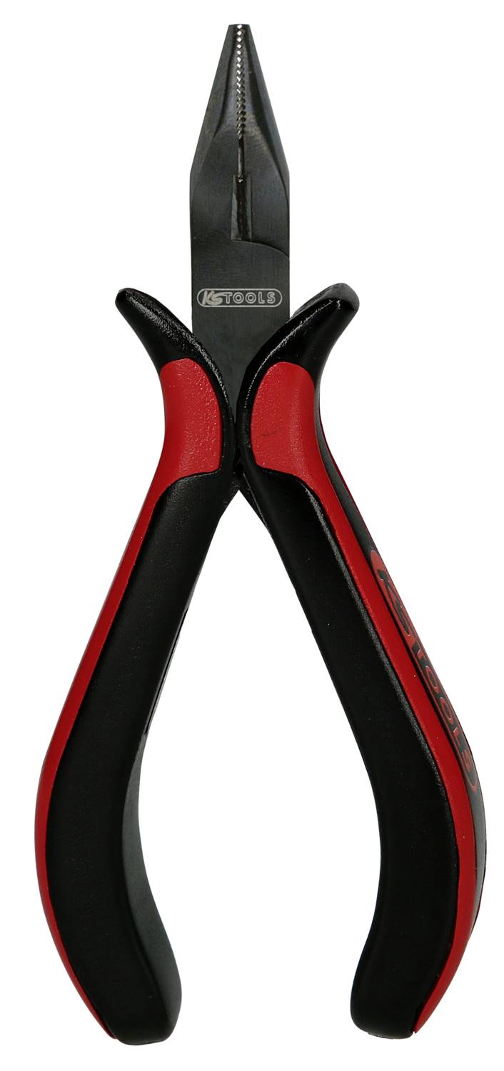 Schwarze und rote Spitzzange mit einem Stahlkopf und gummierten Griffen. Sie wird üblicherweise für präzise Arbeiten verwendet.