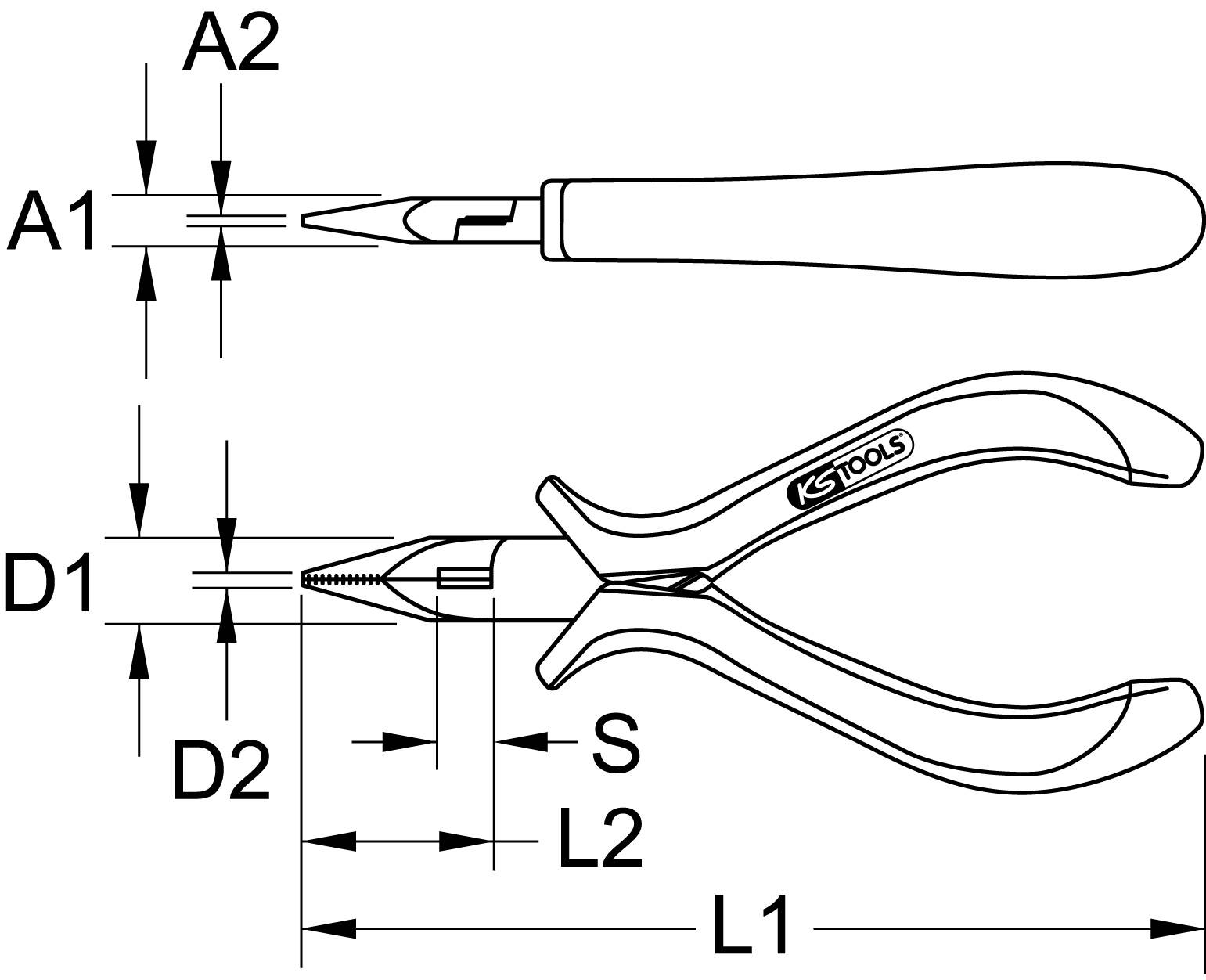 Zeichnung einer Zange in zwei Ansichten, seitlich und von oben. Maße sind mit A1, A2, D1, D2, L1, L2 und S gekennzeichnet.
