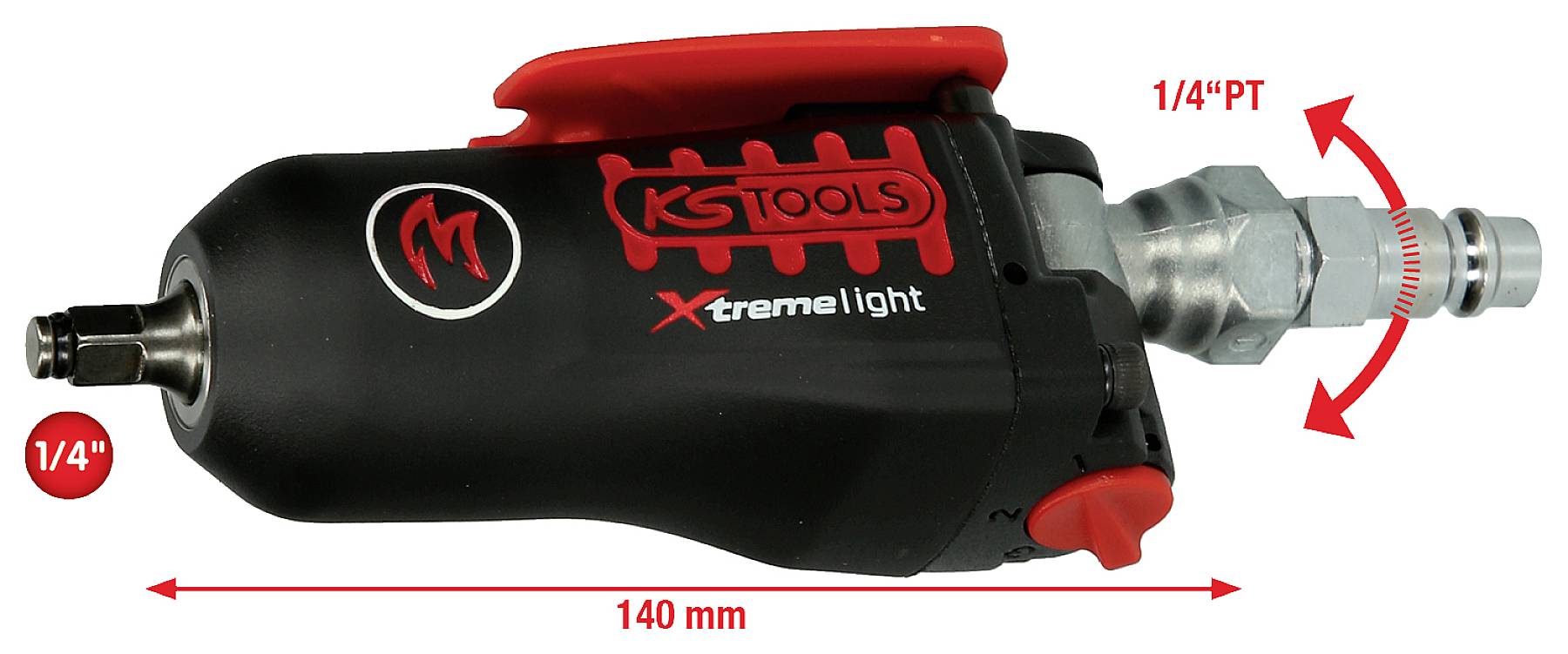 Druckluft-Schlagschrauber der Marke KS Tools mit 1/4''-Anschluss. Länge 140 mm. Schwarzes Gehäuse mit roter Beschriftung und Hebel.