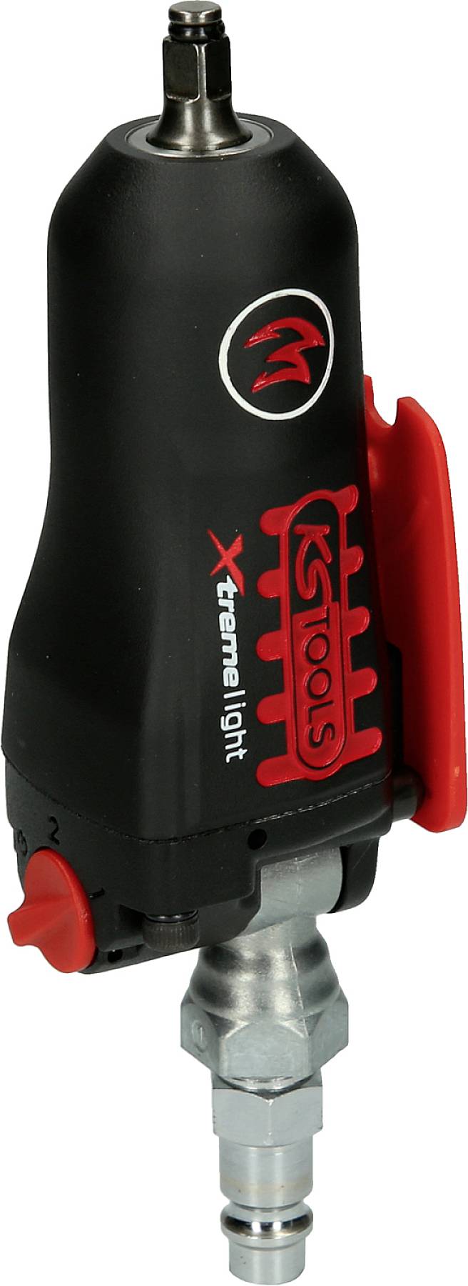Ein schwarzer Druckluftschrauber mit rotem Akzent von der Marke KS Tools, Modell 'Xtreme Light', mit einem Metalladapter unten.