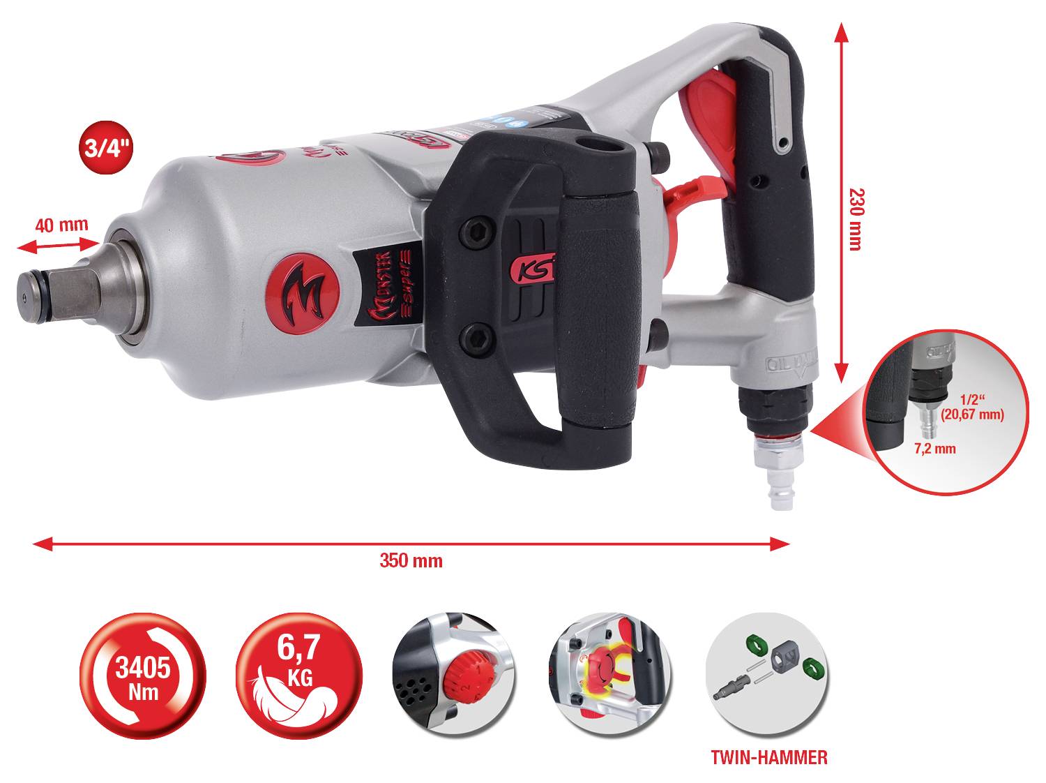 Abbildung eines Druckluft-Schlagschraubers mit Twin-Hammer-Technologie. Maße: 350 mm Länge, 220 mm Höhe, Gewicht: 6,7 kg, Drehmoment: 3405 Nm.