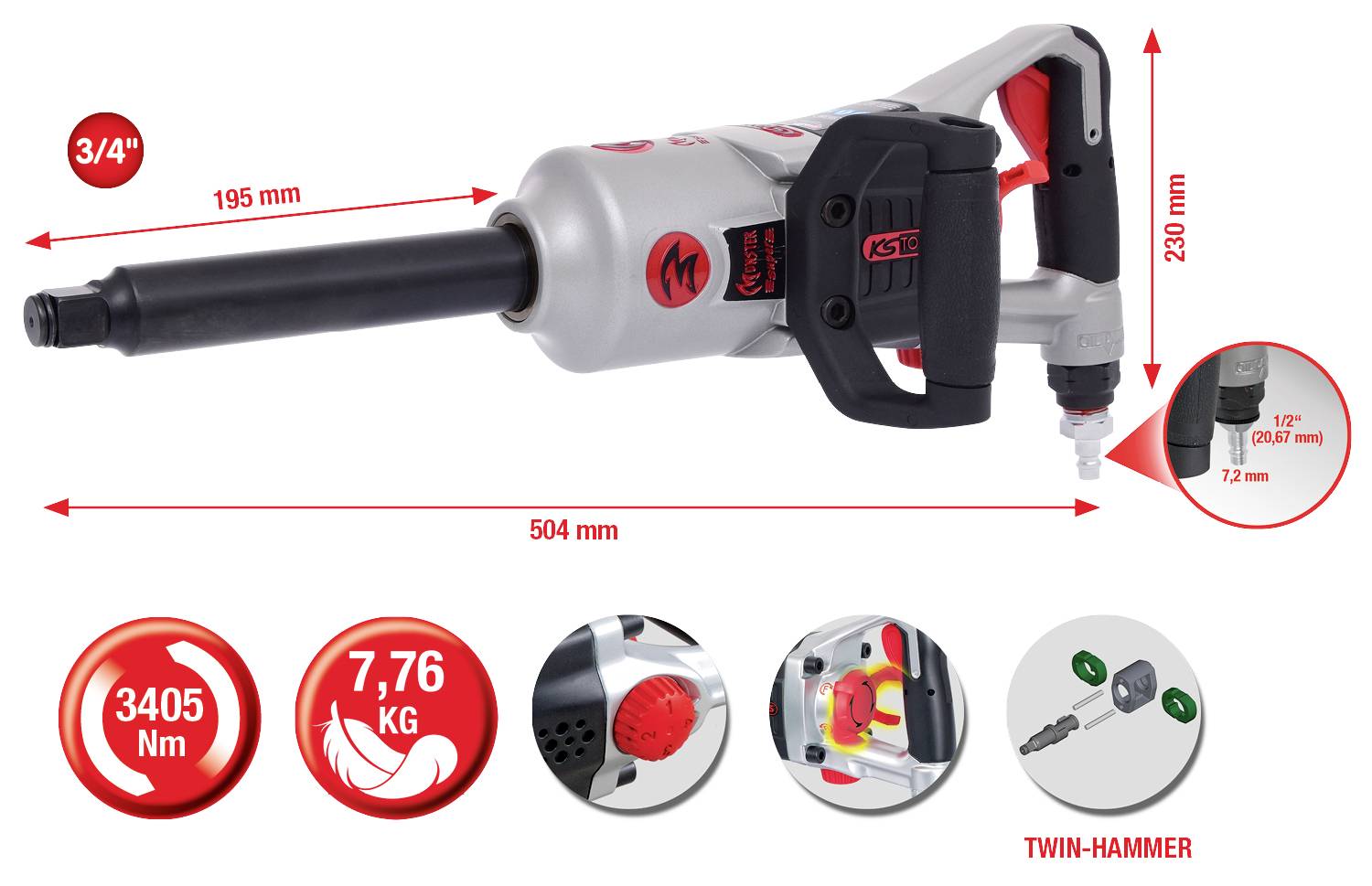 Einschlagwerkzeug mit 504 mm Länge, 230 mm Höhe. Drehmoment: 3405 Nm, Gewicht: 7,76 kg. 3/4 Zoll Antrieb, Twin-Hammer Mechanismus.