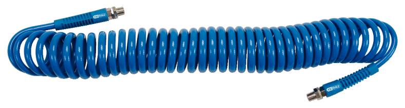 Ein blaues, spiralförmig gewickeltes Kabel mit Steckern an beiden Enden, das zur flexiblen Verlängerung elektronischer Verbindungen dient.