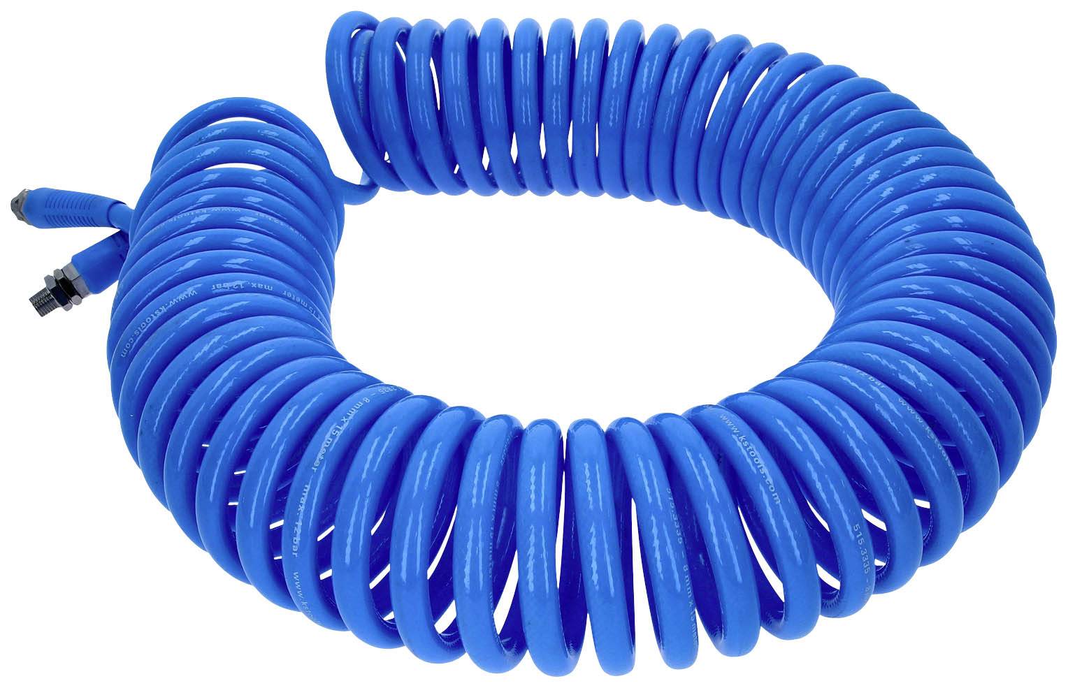 Blauer Spiralwasserschlauch, aufgerollt. Geeignet für den Einsatz in Gärten oder Werkstätten.