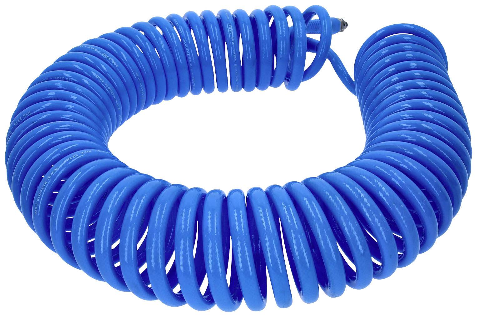 Blaues Spiralschlauch, aufgerollt, zur flexiblen Verbindung von Druckluftwerkzeugen. Geeignet für den Einsatz in Werkstätten oder Garagen.