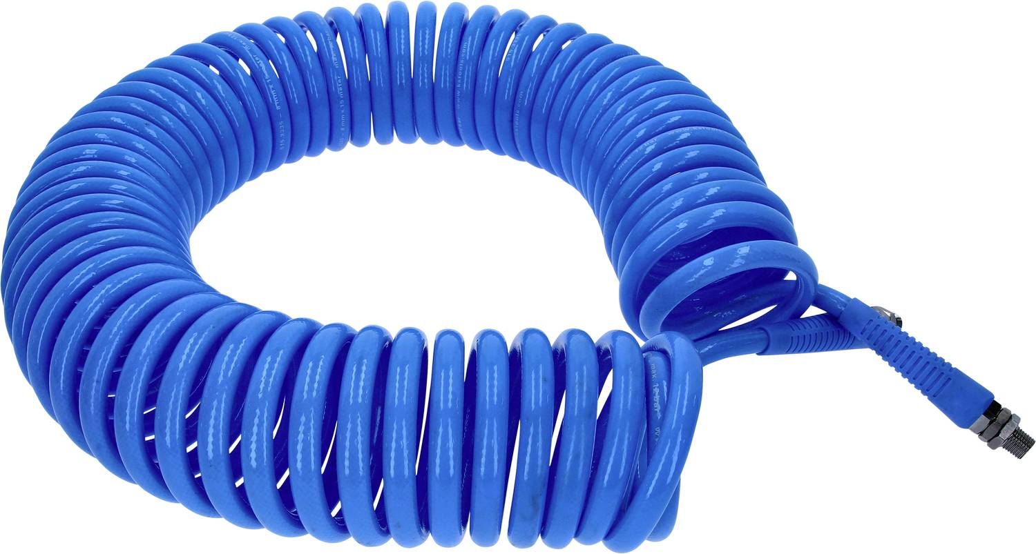 Ein blauer, spiralig gewundener Luftschlauch mit Anschlussstücken an beiden Enden, oft in Druckluftsystemen verwendet.
