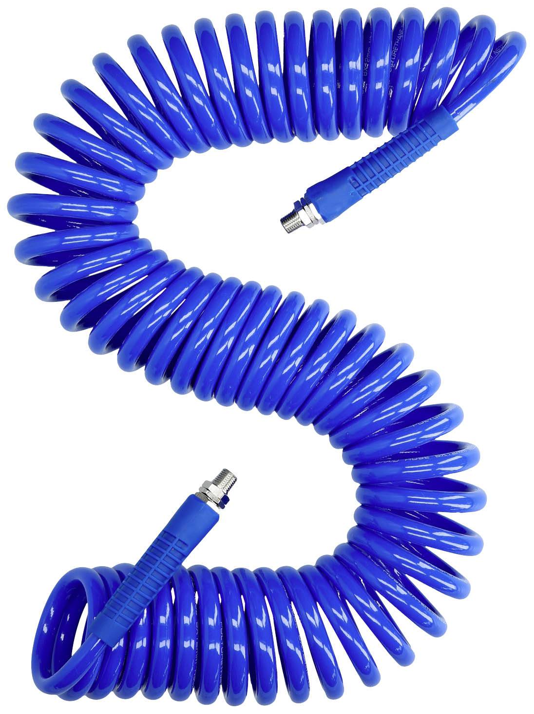Blauer, spiralförmiger Luftschlauch mit Metallverbindungen an beiden Enden, geeignet für Druckluftanwendungen.