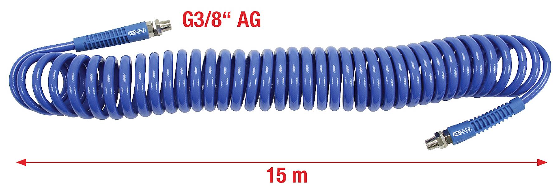 Blaue Spiralschlauchleitung, Länge 15 m, mit G3/8'' Außengewinde an beiden Enden.