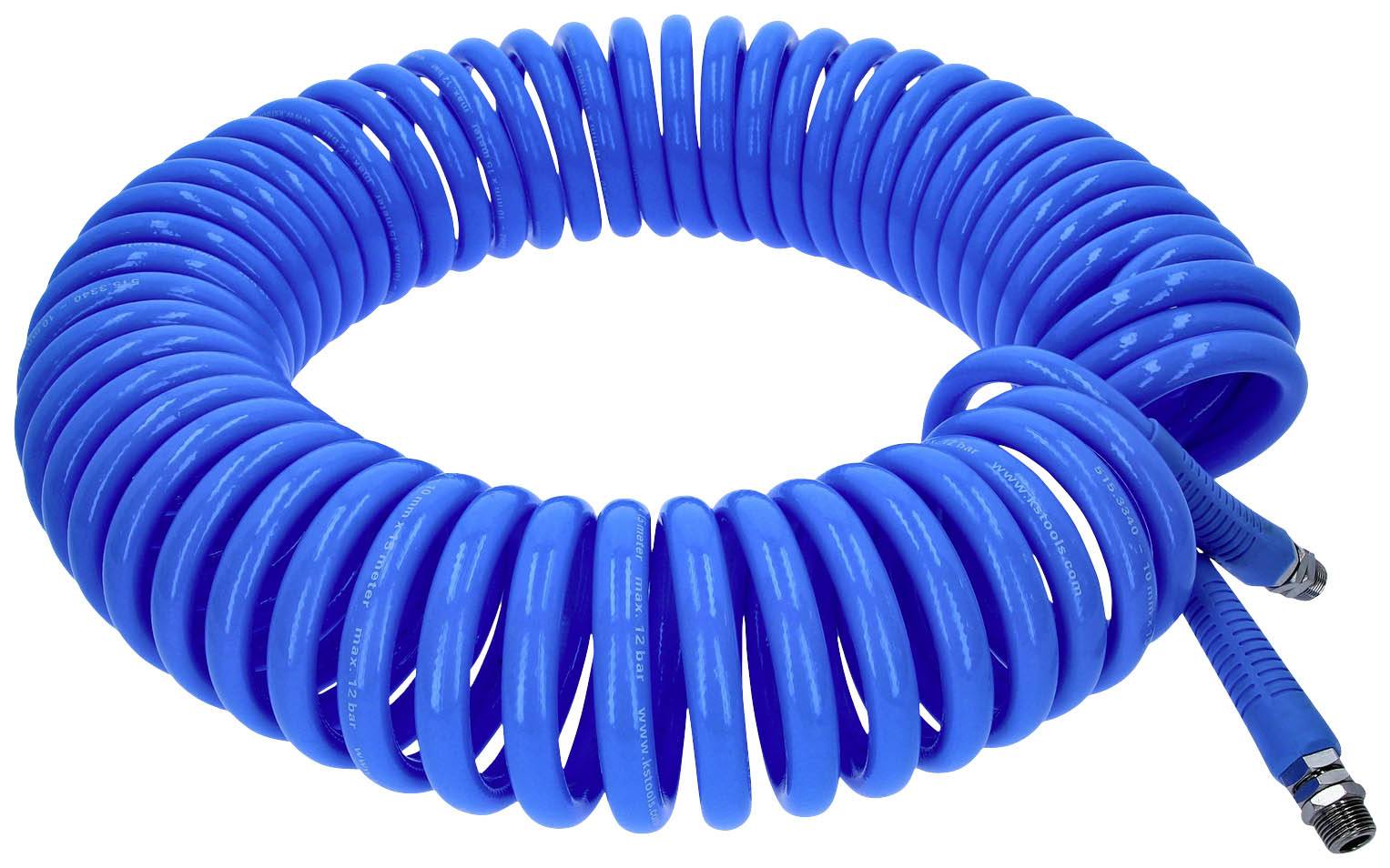 Eine blaue, spiralförmige Luftschlauchrolle liegt auf einem weißen Hintergrund.