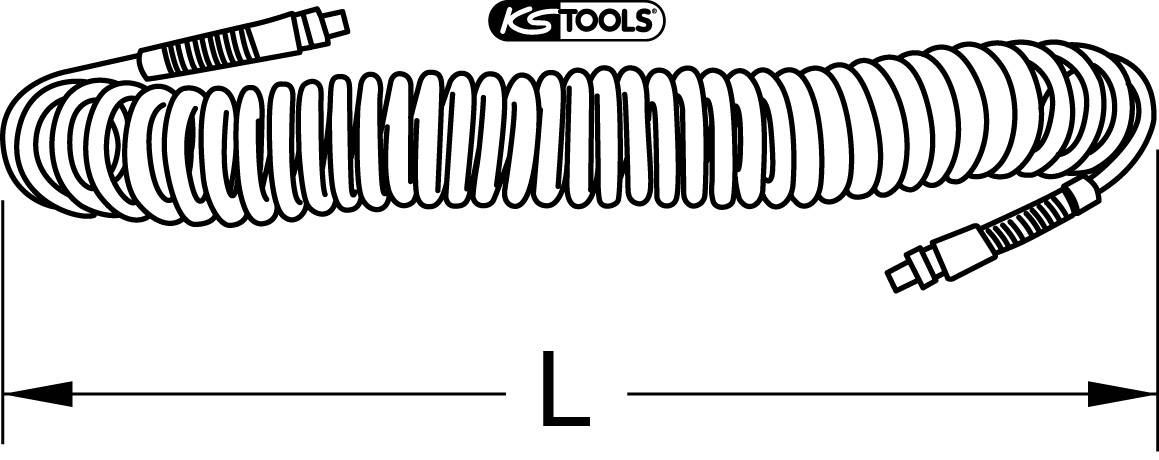Eine lange, spiralförmige Schlauchverlängerung mit Anschlüssen an beiden Enden und einem mittigen 'KS TOOLS'-Logo.