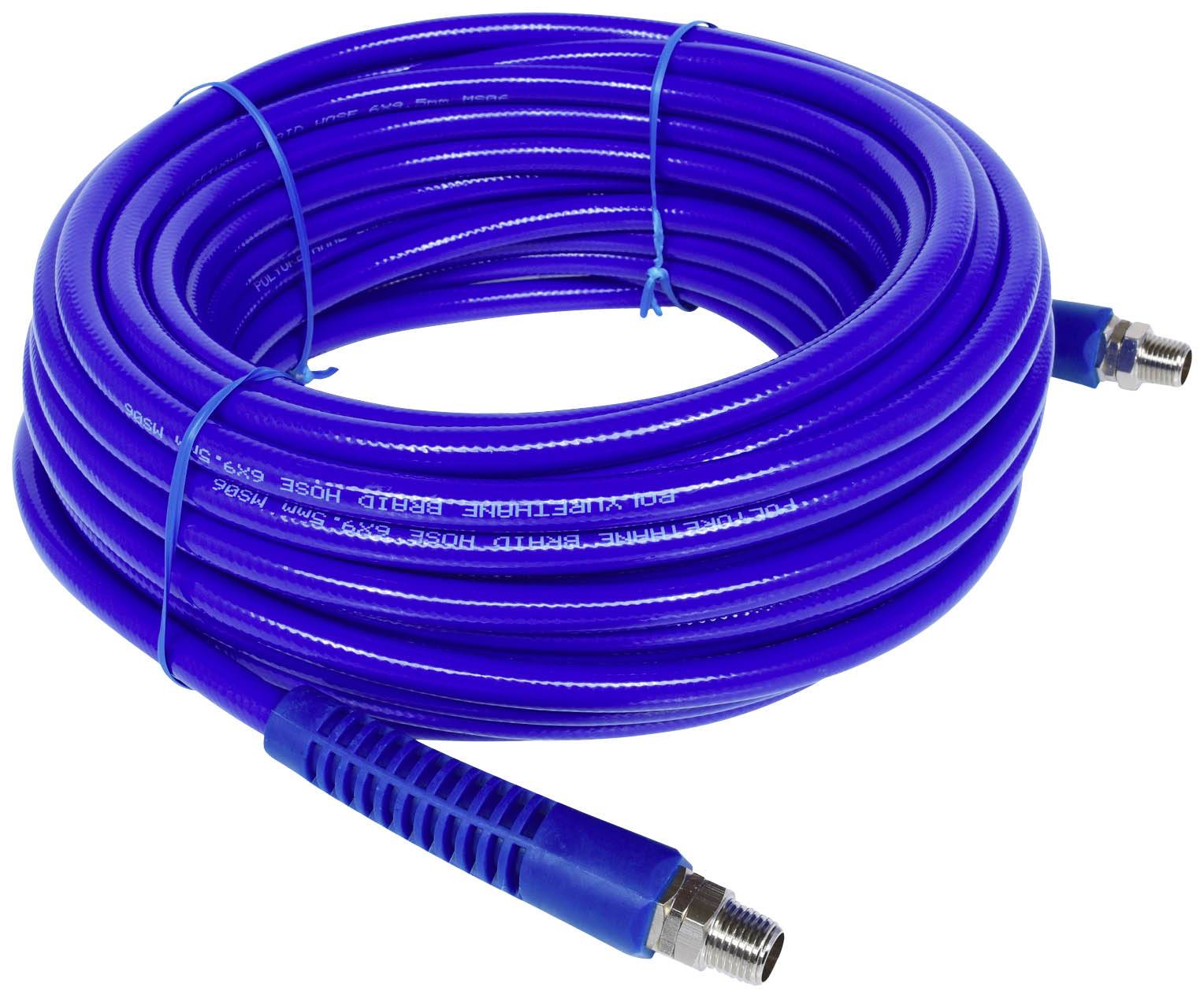 Ein blauer Hochdruckschlauch, aufgerollt und mit zwei Metallanschlüssen an den Enden. Ideal für den Einsatz mit Druckgeräten.