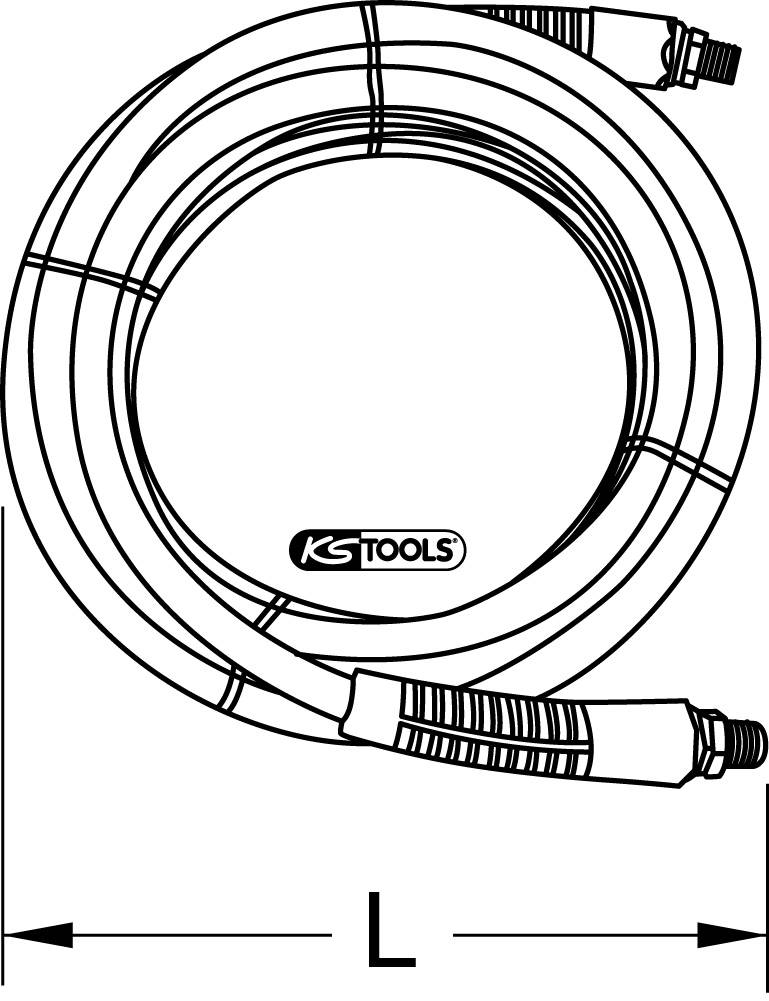 Zeichnung eines Schlauchs mit Schraubanschlüssen. Der Schlauch ist aufgerollt und in der Mitte mit dem Logo 'KS Tools' versehen. Längenangabe unten.