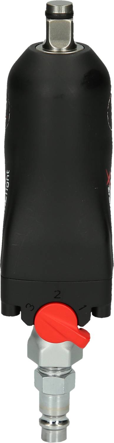 Schwarzes Druckluftgerät mit rotem Ventil und silbernem Anschluss, Ansicht von vorne.