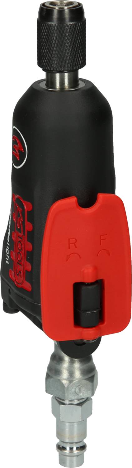 Eine rote und schwarze Druckluft-Schleifmaschine. Das Gerät zeigt eine RF-Kennzeichnung und hat eine silberne Anschlussöffnung unten.