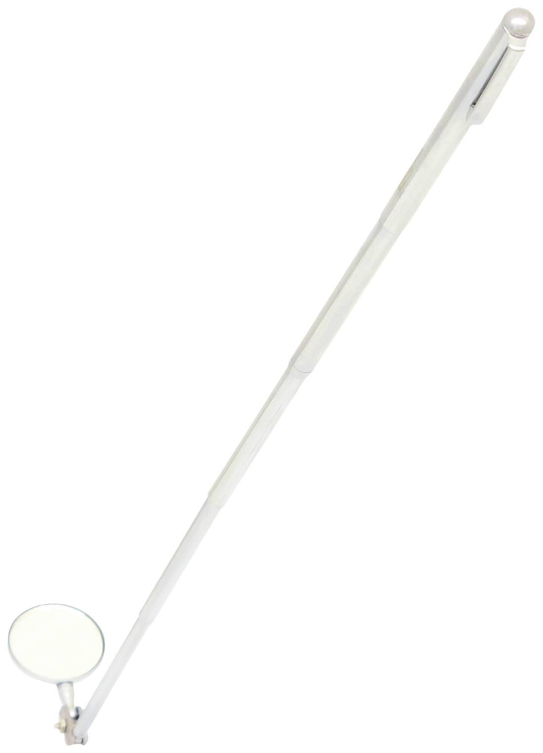 Ein langer, weißer Teleskopspiegel mit rundem Spiegel am Ende, verwendet zur Inspektion schwer zugänglicher Bereiche.