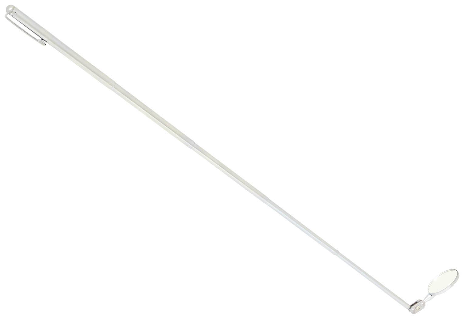 Teleskop-Spiegel mit langem Griff und rundem, drehbarem Spiegel am Ende, zur Inspektion schwer zugänglicher Bereiche.