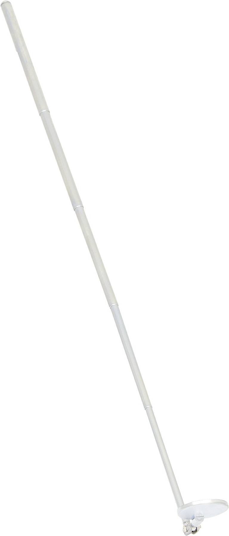 Ein zusammenklappbarer Blindenstock mit weißem Schaft und roter Spitze liegt zusammengefaltet auf der Seite.