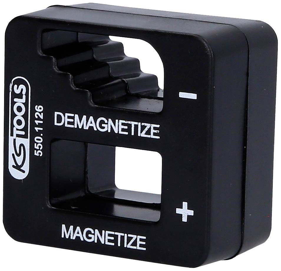 Schwarzer Entmagnetisierer/Magnetisierer mit '+' und '-' Symbolen, Zahnwellenform oben. Marke: KS Tools.