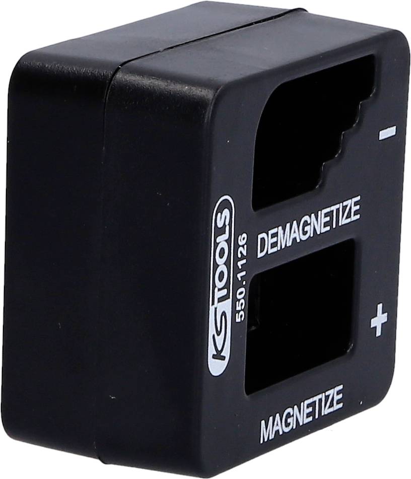 Schwarz-grauer Magnetisierer/Entmagnetisierer von KS Tools mit zwei Öffnungen zum Magnetisieren und Entmagnetisieren von Werkzeugen.