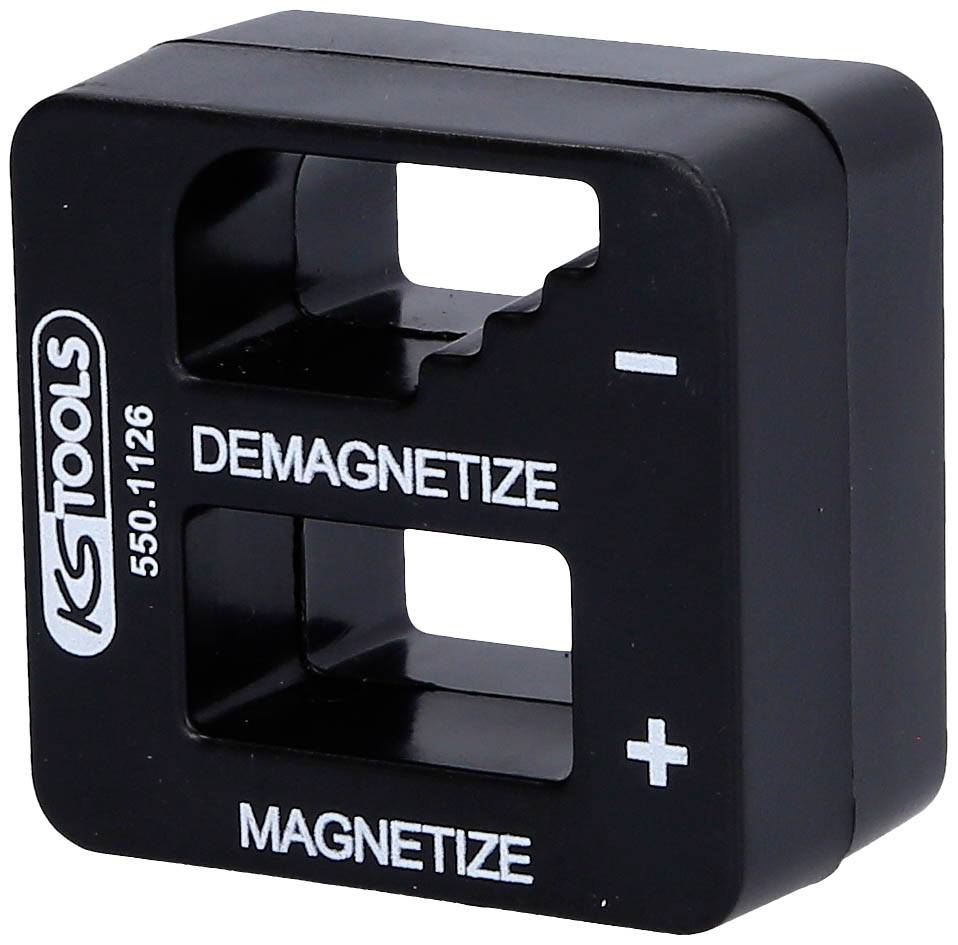 'Kompaktes Entmagnetisierungswerkzeug aus schwarzem Material mit den Aufschriften 'DEMAGNETIZE' und 'MAGNETIZE'.'