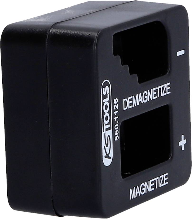 Schwarzer Magnetisierer/Entmagnetisierer für Werkzeuge mit Plus- und Minus-Markierungen, von KS Tools.