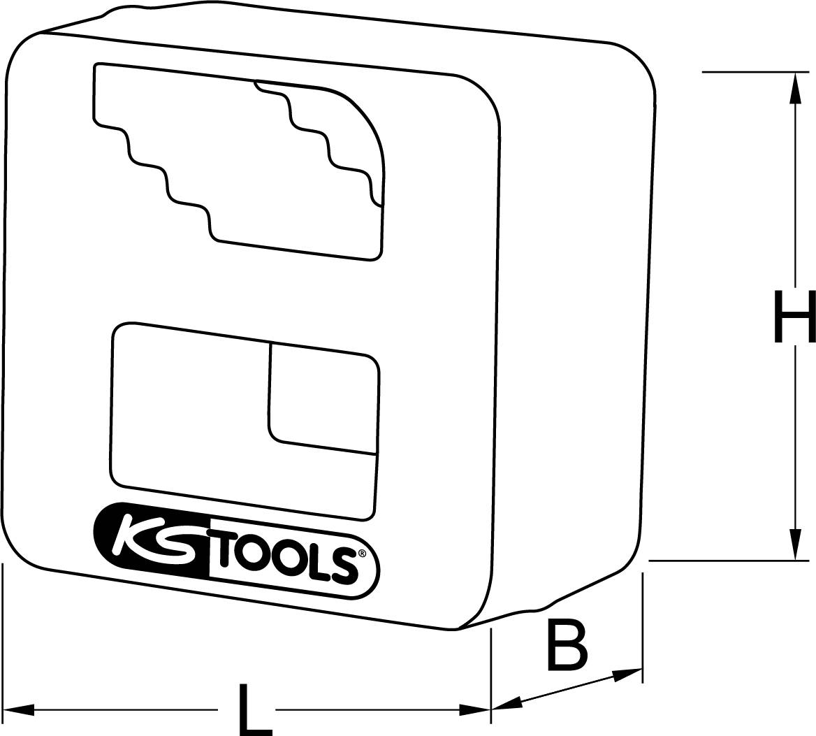 Illustration eines quadratischen Werkzeugs mit Wellenprofilöffnung und 'KG Tools'-Logo. Maße: L, B, H.