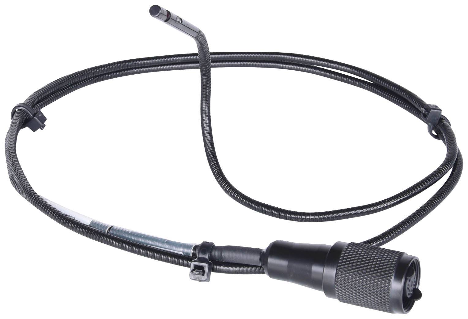 Schwarzer Kabelstrang mit Stecker und Sensor am Ende, er dient wahrscheinlich der Verbindung und Signalübertragung in Fahrzeugen.