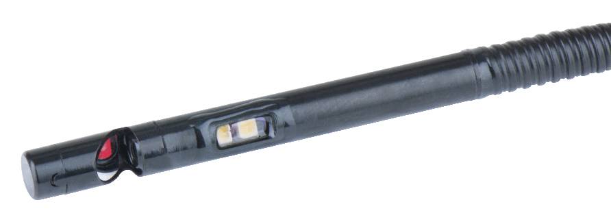 Ein schwarzer Stift mit einer kleinen LED-Lampe und einem Schalter an der Seite. Der Griffbereich ist leicht geriffelt.