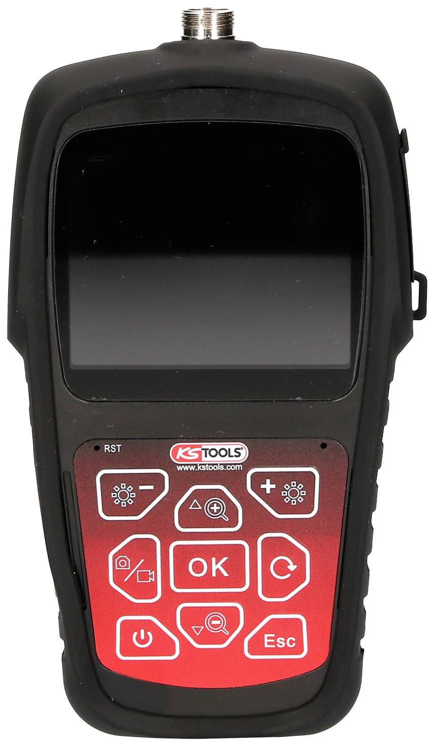Ein elektronisches Gerät mit rotem Bedienfeld und Bildschirm. Enthält Tasten für Einstellungen, OK, und Esc. Von KS Tools.