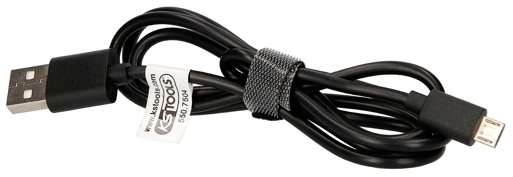 Schwarzes USB-Kabel mit Micro-USB-Anschluss und Etikett, aufgerollt und mit Klettverschluss zusammengehalten.