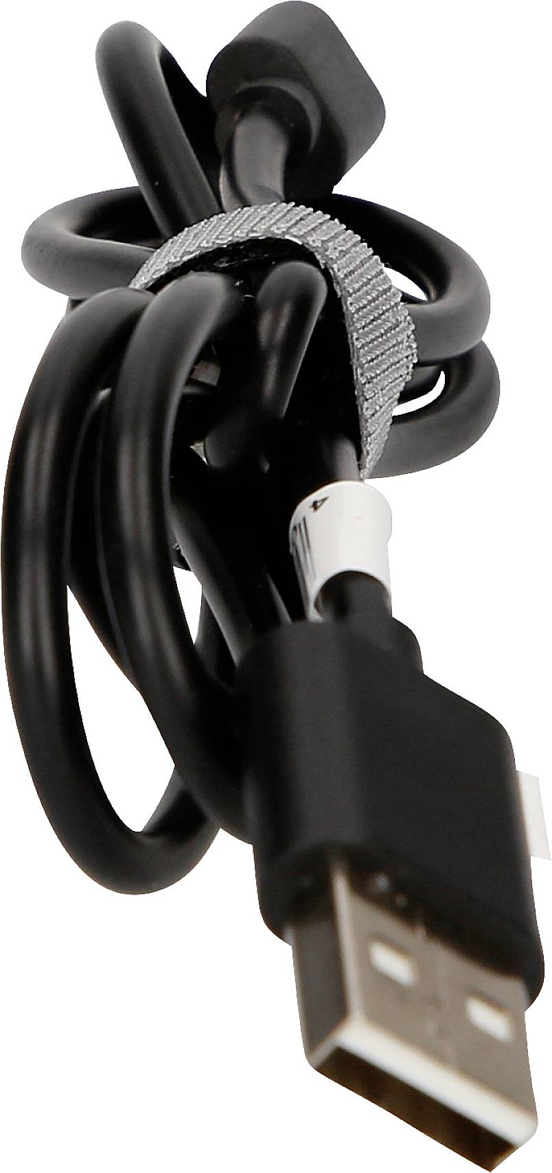 Schwarzes USB-Kabel mit Klettverschluss zusammengebunden.