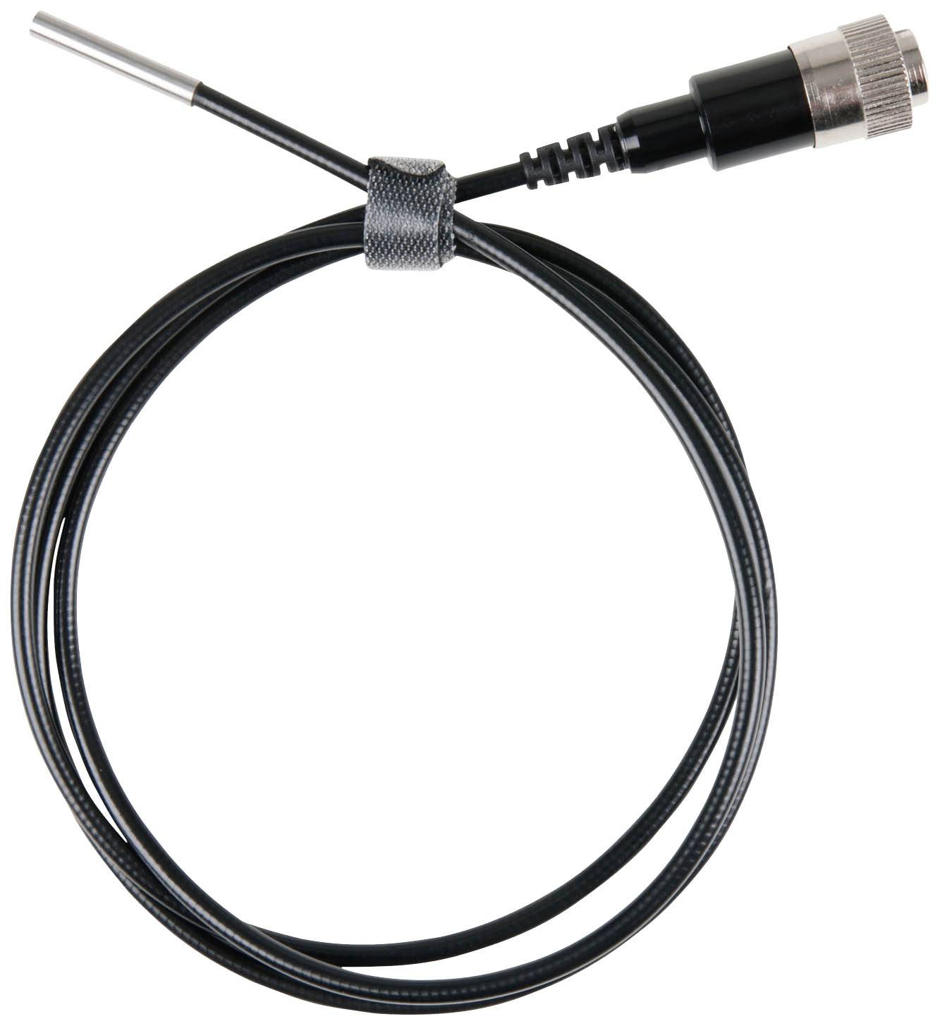 Abbildung eines schwarzen Kabels mit Metallstecker und Metallspitze. Das Kabel ist aufgewickelt und liegt auf einer weißen Fläche.