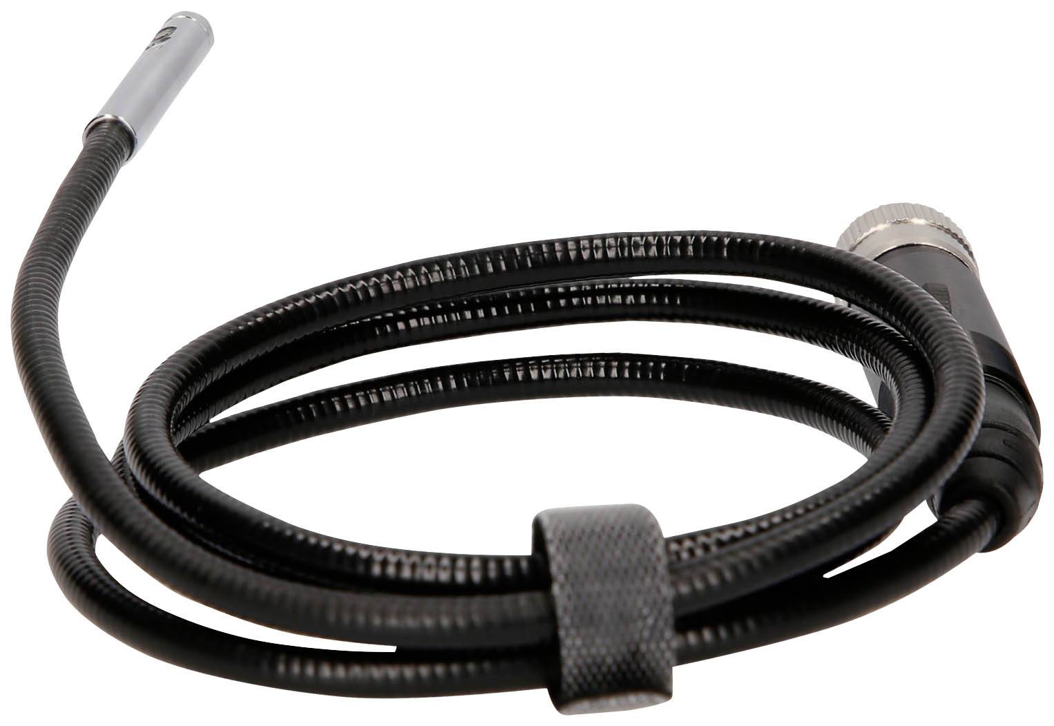 Ein schwarzes, flexibles Endoskop-Kabel mit Metallanschluss und Kamera am Ende, verwendet für Inspektionen in schwer zugänglichen Bereichen.